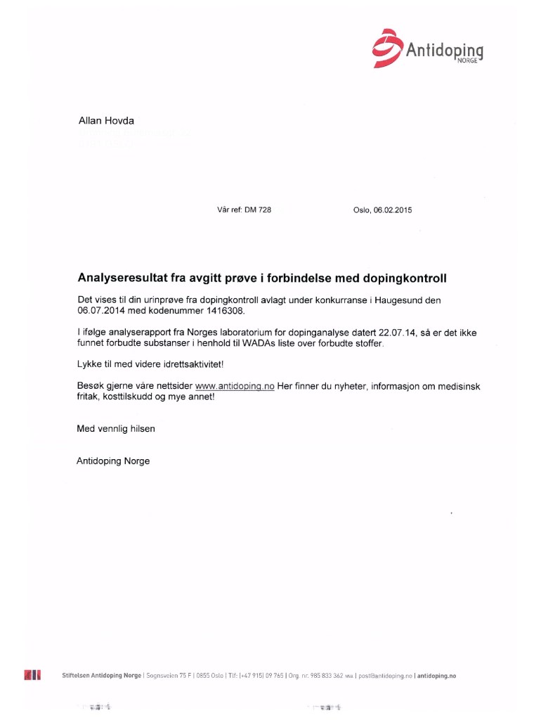 Triallan - Allan Hovda - Dopingprøve - resultat